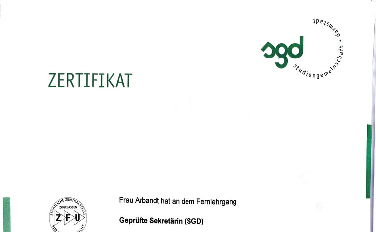 Zertifikat geprüfte Sekretärin SGD